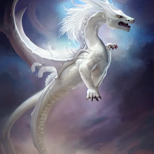 Image similar to A beautiful digital painting of a white dragon, princess, sky full of stars, intricate, cinematic lighting, highly detailed, digital painting, Artstation, concept art, smooth, sharp focus, illustration, art by Tom Bagshaw, Artgerm and Greg Rutkowski