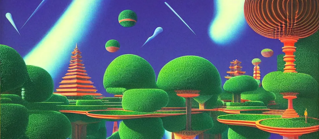 Image similar to huge gargantuan angular dimension of pagoda liminal spaces, temples by escher and ricardo bofill. utopian singaporean landscape by roger dean. magical realism, surrealism, lush sakura trees, waterfalls, thunder, lightning, vaporwave, trending on artstation, shot from below, epic scale