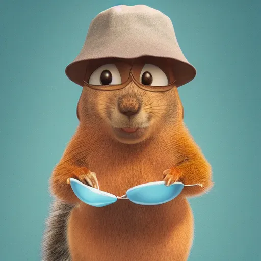 Image similar to a squirrel wearing a bucket hat. pixar.