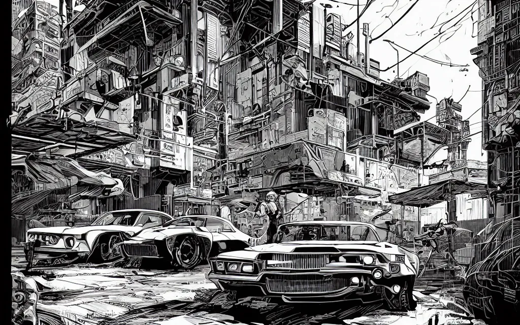 Prompt: very detailed, prophet graphic novel, ilya kuvshinov, mcbess, rutkowski, simon roy, illustration of a cyberpunk industrial alley with a muscle car, colorful, cinematic composition, studio lighting