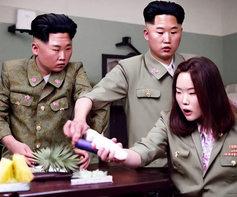 Image similar to hyperralism pineapple express movie still photography of real detailed north korean kim chen with detailed face smoking high detailed weed and reviewing weed bush in detailed basement bedroom ultra violet light