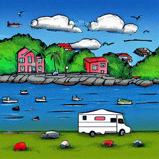 Prompt: very little class c motorhome on the grass by the harbor, rocky coast, sailboats in the water, tiny village, white background, digital cartoon painting art, 4 colors!!!