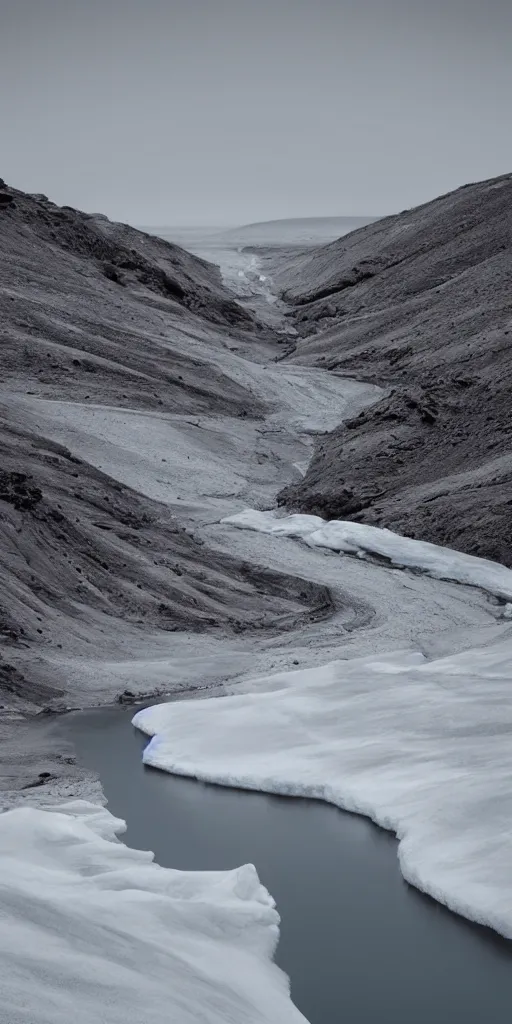 Image similar to dream looking through a hyper realistic photograph of a ice covered canyon, minimal structure, futureistm landscape, misty, icelandic valley, small stream over black rock, timed exposure, in the style of reuben wu, roger deakins