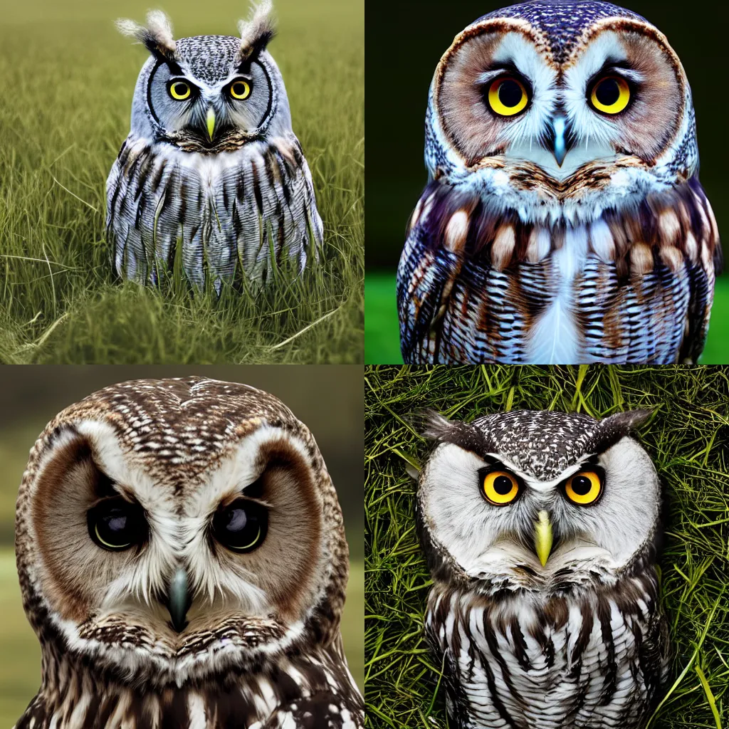 Prompt: an owl is sitting in the grass looking at the camera, a raytraced image by frieke janssens, featured on unsplash, photorealism, made of feathers, quantum wavetracing, creative commons attribution