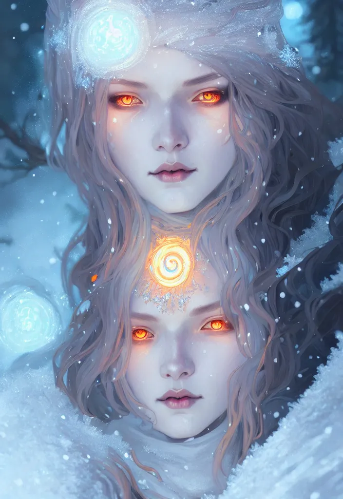 Prompt: beautiful ancient frost witch, eye fire, snow glow, snowfall, highly detailed, digital painting, artstation, sharp focus, illustration, art by tan zi and ayanamikodon and alphonse mucha and wlop