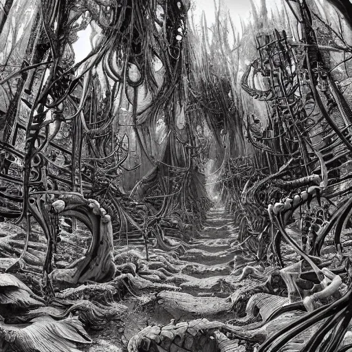 Image similar to exotic forest of bones and spiderwebs, post apocalyptic, hyper detailed