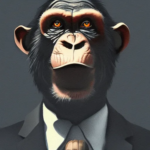 Image similar to a chimp wearing a suit smoking a cigar, dramatic lighting, cinematic, establishing shot, extremly high detail, photorealistic, cinematic lighting, artstation, style by James Gurney