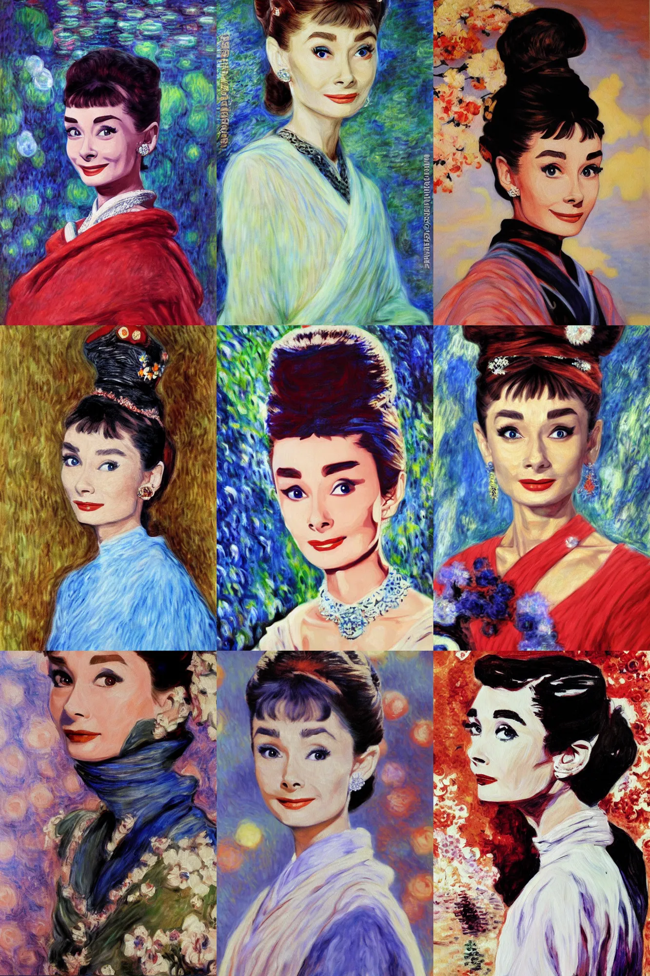 Prompt: an oil painting of audrey hepburn as japaness orian by monet, super detailed, hd, 4k
