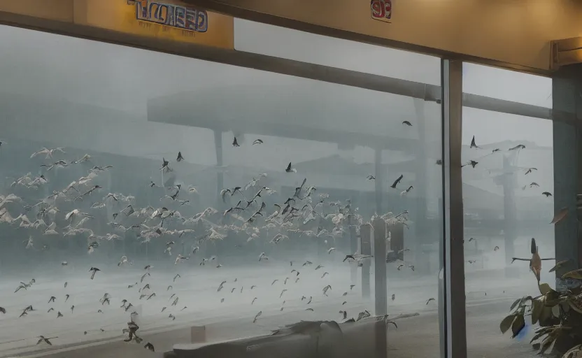Image similar to cinematic shot of a flock of birds outside the window of the byron travel plaza, moody scene from being john malcovich directed by charlie kaufman ( 2 0 0 1 ), foggy volumetric light morning, anamorphic lenses, kodak color film stock