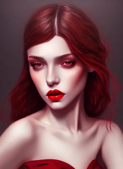 Prompt: portrait of female, red lips, dark hair, intricate, elegant, highly detailed, digital painting, artstation, concept art, smooth, sharp focus, illustration