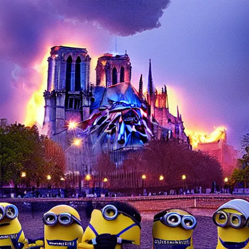 Image similar to “minions laughing as the Notre dame burns behind them, 4k, digital art, award winning”