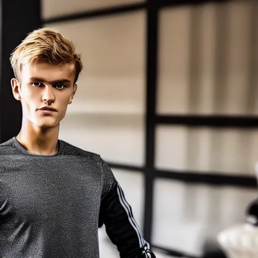 Image similar to a realistic detailed photo of a guy who is an attractive humanoid who is half robot and half humanoid, who is a male android, soccer player martin ødegaard, shiny skin, posing like a statue, blank stare, in a living room, on display