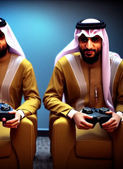 Prompt: portrait, twins playing video games, togther sheik mohammad ruler of dubai, controller, hyperdetailed illustration by irakli nadar and alexandre ferra, unreal engine 5 highly rendered, detailed and intricate environment