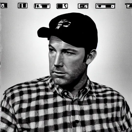 Image similar to sad ben affleck wearing checkered shirt and white cap, soviet movie poster