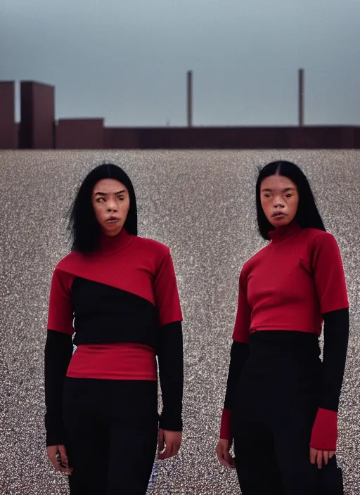 Prompt: cinestill 5 0 d photograph of 2 women wearing black techwear in front of a brutalist sharp - edged metal building, closeup, on a desolate plain, red glitter sky, sigma 8 5 mm f / 1. 4, 4 k, depth of field, high resolution, highly detailed, 4 k, 8 k, hd, full color, raw