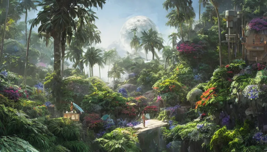 Image similar to craig mullins and studio ghibli illustration of a future sphere living space, lush landscape, science fiction landscape, flowers, flying saucers, palm trees, people, unreal engine, hyper realism, realistic shading, cinematic composition, realistic render, octane render, detailed textures, photorealistic, wide shot