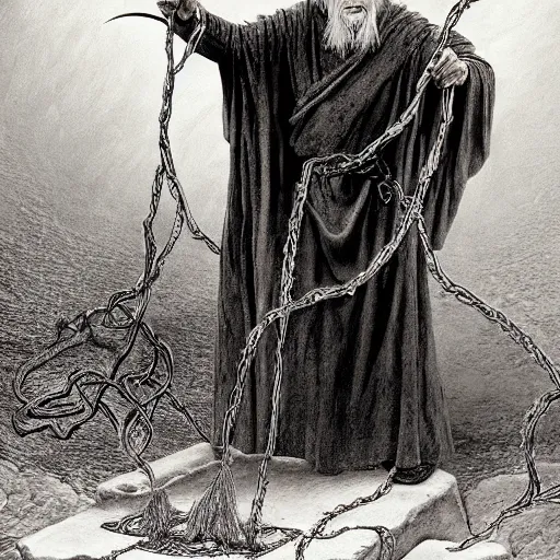 Image similar to the evil ian mckellen smithing on an anvil as gandalf in a dark viking hood playing odin all father crafting the plant of life with vines on an anvil, highly detailed, cinematic shot, cinematic lighting, 8 k, exquisit facial detail, colored painting by gustave dore and artemisia gentileschi, chiaroscuro, dark painting.