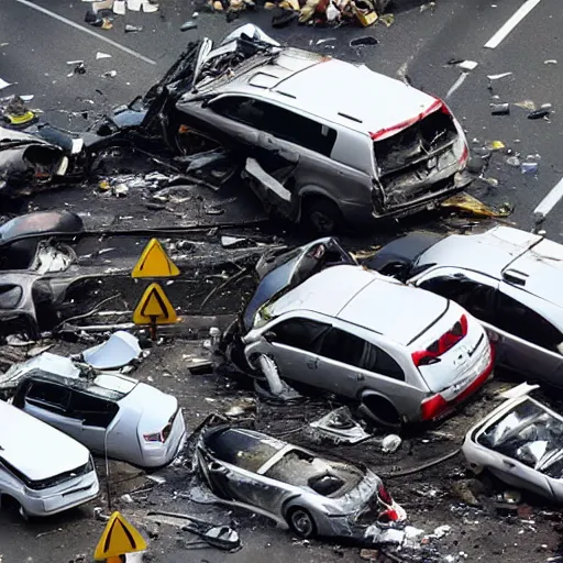 Prompt: aftermath of a 20 car pile up, dead bodies lying on the floor