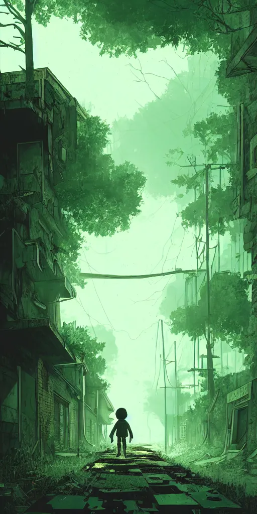 Image similar to abandoned apocalyptic old alley with a kid at the centre, trees background, epic green sunlight, perfect lightning, illustration by niko delort,