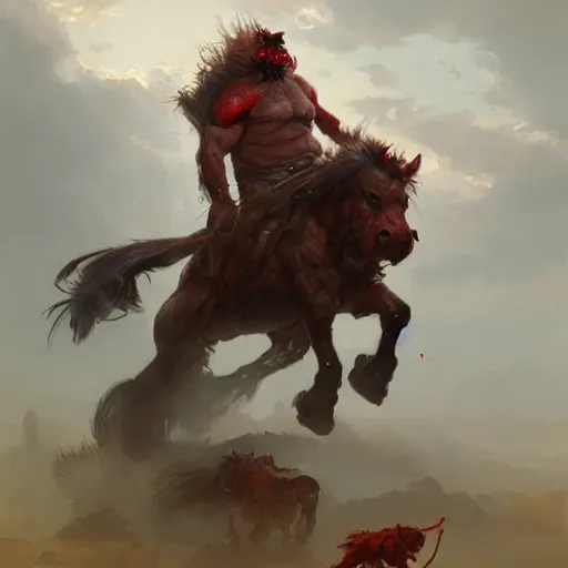 Image similar to Red ogre riding a horse, funny, portrait, Greg rutkowski