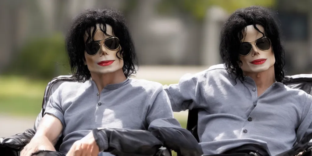 Image similar to michael jackson 2 0 0 9 wearing shades, alone, this is it style, photo real, skin, motion blur, sitting in a chair, by himself, real life, spotted, leaked, ultra realistic face, accurate, 4 k, movie still, uhd, sharp, detailed, cinematic, render, modern