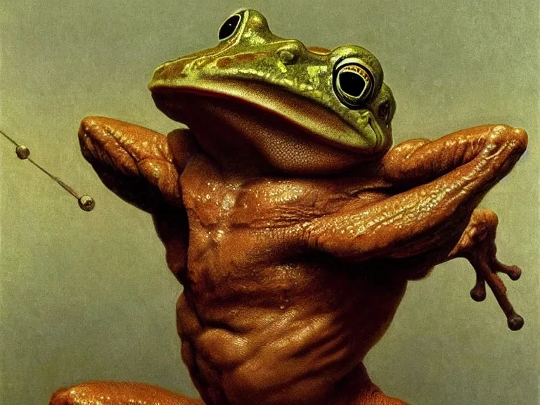 Prompt: a detailed bodybuilding frog doing a pose by beksinski carl spitzweg moebius and tuomas korpi. baroque elements. baroque element. intricate artwork by caravaggio. Oil painting. Trending on artstation. 8k