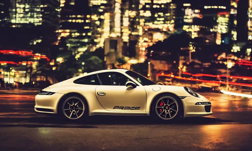 Image similar to photo of a porsche 911 at night drifting through a city, cinematic, 4k, long exposure photography, tokyo drift, fast and furious, film still, night photography, motion blur, lens flare, movie shot, light trail, distortion, wide angle, reflections