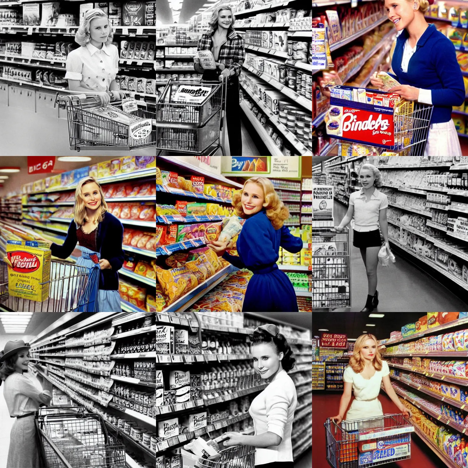 Prompt: kristen bell in a grocery store buying wonder bread in the 1950's, high quality, hyper realistic,