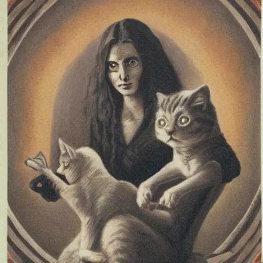 Image similar to it features a woman sitting with a cat on her lap. the woman is a bit spooky looking... her eyes glow with an unearthly light. indeed, she is nearly demonic.