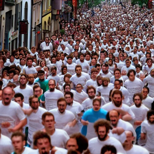 Image similar to the running of the screaming bob ross in pamplona spain