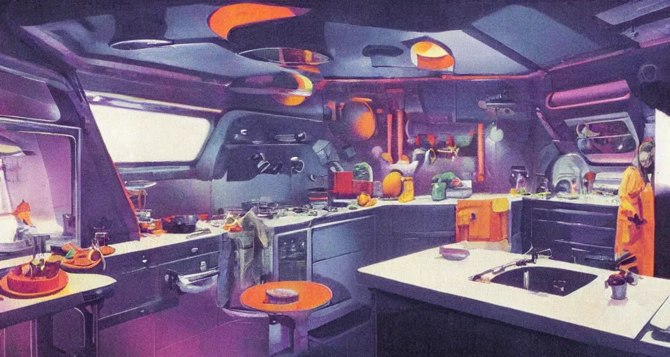 Image similar to IKEA catalogue photo of a kitchen on a spaceship, by Paul Lehr