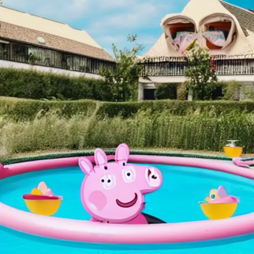 Image similar to an inflatable float of Peppa Pig in the center of a luxury hotel swimming pool