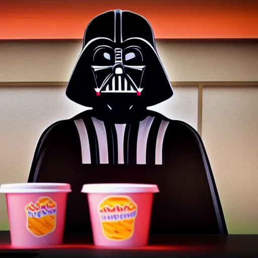 Image similar to darth vador working at dunkin donuts , 8k cinematic lighting, very sharp detail, anatomically correct