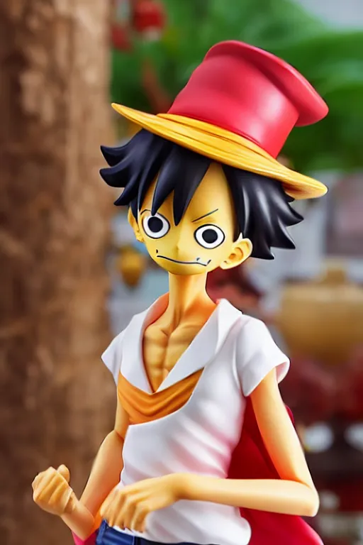 Prompt: figurine of luffy wearing an elegant summer blouse, personification, official store photo, commercial photo, featured on amiami, lovecraftian, 8 k, 8 5 mm, beautiful composition