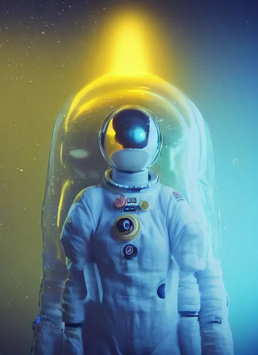 Image similar to a woman in a space suit with a yellow light on her head, a microscopic photo by mike winkelmann, zbrush central contest winner, space art, rendered in cinema 4 d, sci - fi, cosmic horror