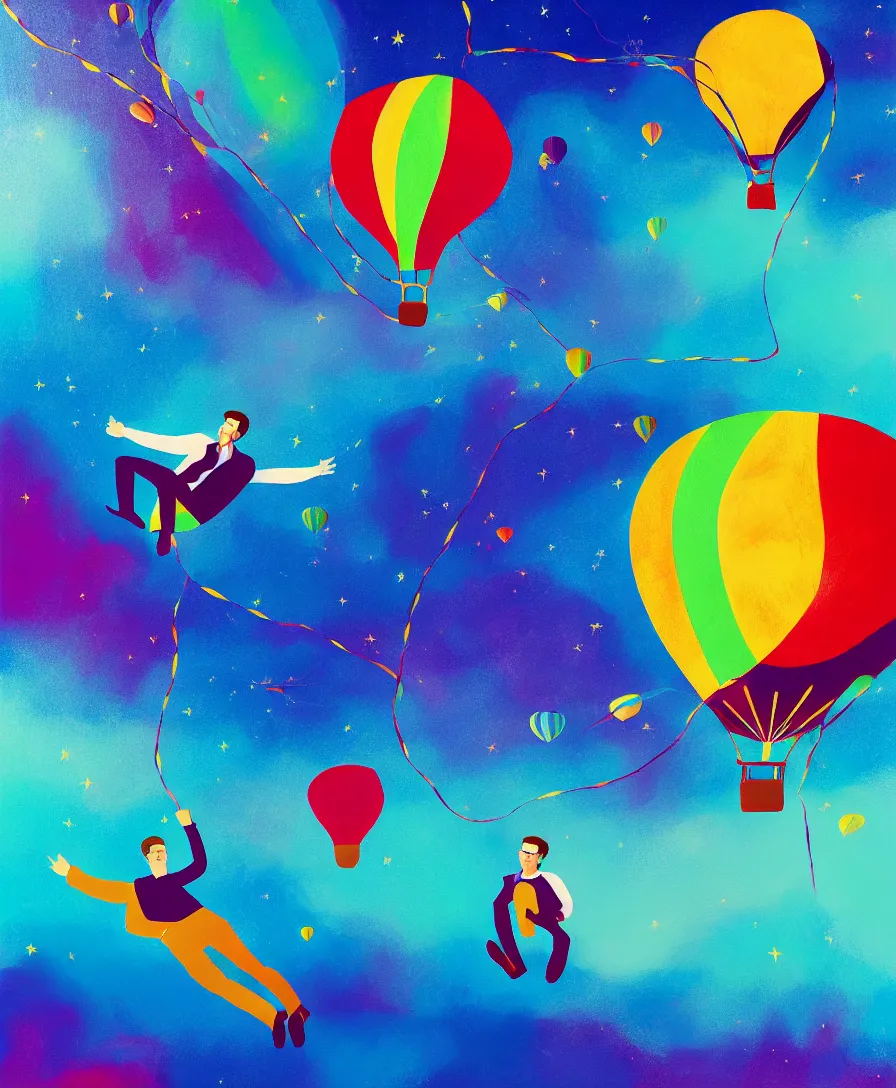 Prompt: portrait of a single man flying in hot air balloon in the colorful space, in the style of greg rutsowski, dark background, hyper realistic