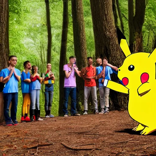 Image similar to group of people worshipping pikachu in the forest, 4 k