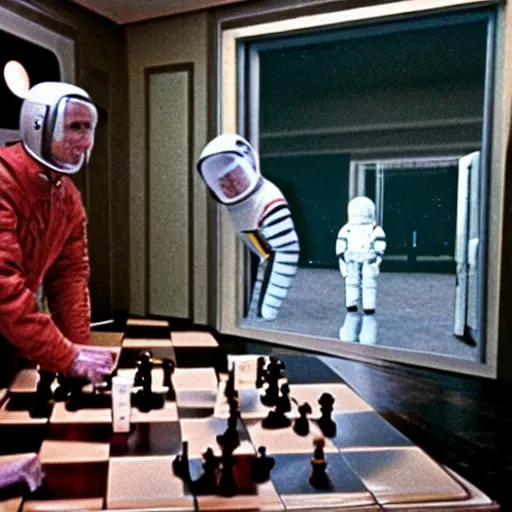 Prompt: Space odyssey astronaut playing chess in the shining by stanley kubrick, shot by 35mm film color photography