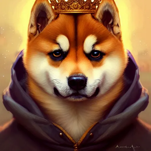 Prompt: portrait painting of a cute shiba inu king with crown, ultra realistic, concept art, intricate details, eerie, highly detailed, photorealistic, octane render, 8 k, unreal engine. art by artgerm and greg rutkowski and charlie bowater and magali villeneuve and alphonse mucha