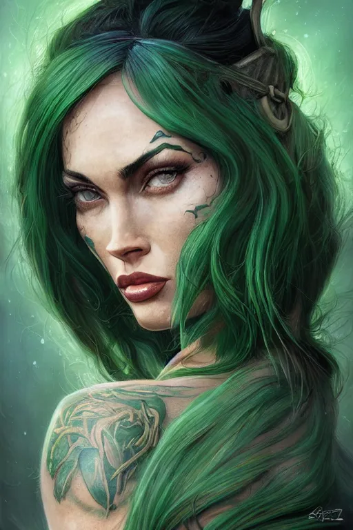 Image similar to closeup portrait shot of green hair tattooed pinup megan fox, rogue bard, dnd, highly detailed, digital painting, artstation, concept art, soft focus, depth of field, artgerm, tomasz alen kopera, peter mohrbacher, donato giancola, wlop, boris vallejo