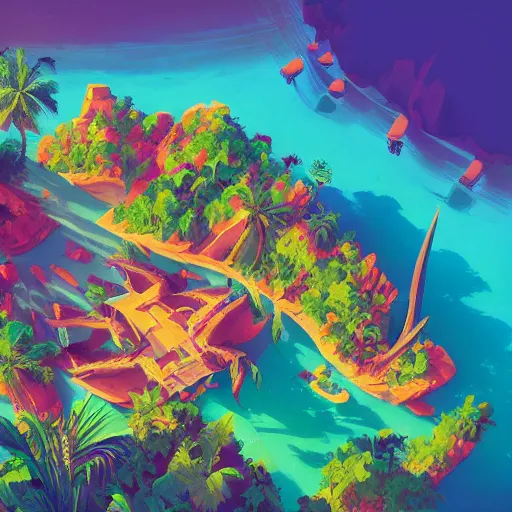 Image similar to tropical paradise from above, maya ali mage, gloomhaven, dynamic lighting, gaudy colors, octane render aesthetic, matte painting concept art, official fanart behance hd artstation by jesper ejsing, by rhads and makoto shinkai and lois van baarle and ilya kuvshinov and rossdraws