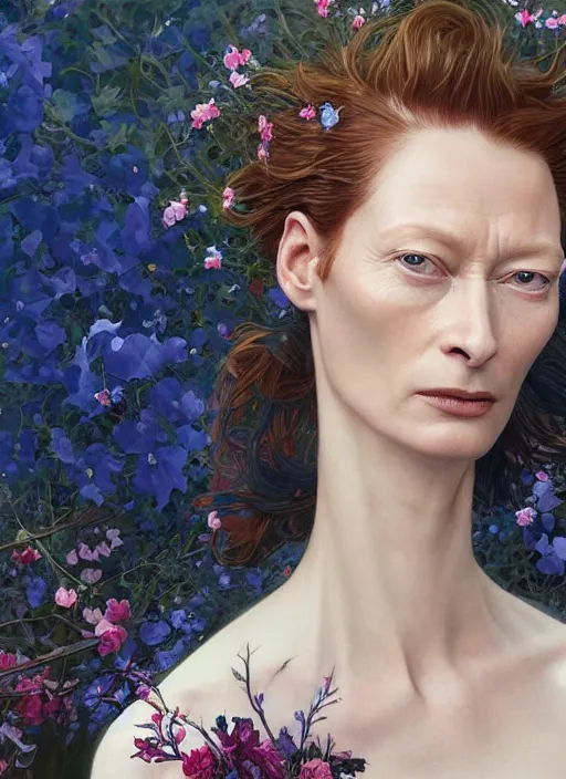 Prompt: ultra realistic illustration, tilda swinton with flowers blossoming from her red hair, in a gothic blue dress, elegant, highly detailed, digital painting, concept art, smooth, sharp focus, full character, illustration, art by artgerm and greg rutkowski and alphonse mucha