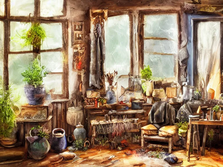 Image similar to expressive rustic oil painting, interior view of a cluttered herbalist cottage, waxy candles, wood furnishings, herbs hanging, light bloom, dust, ambient occlusion, morning, rays of light coming through windows, dim lighting, brush strokes oil painting