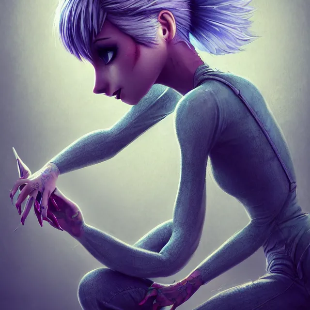 Image similar to full body pose, beautiful adult fairy, pixar, short white hair shaved sides, dirty, grungy, grunge, long sleeve, painted overalls, stacks of giant books, highly detailed, 4 k, hdr, smooth, sharp focus, high resolution, award - winning photo, artgerm, photorealistic