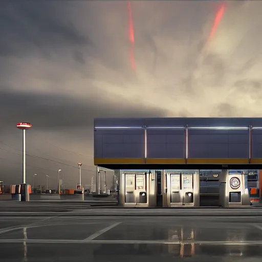 Prompt: sci - fi gas station against backdrop of glowing glass clean sci - fi fission power containment building, a sense of hope and optimism, hyper realistic, high res, 4 k, harsh light, edouard groult, bynde, kirill leonov, isaac zuren