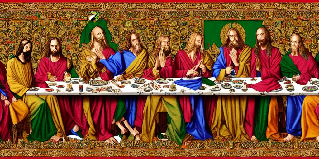 Image similar to the last supper wearing gucci versace gold rich intricate textiles cloak tunic streetwear cyberpunk modern design