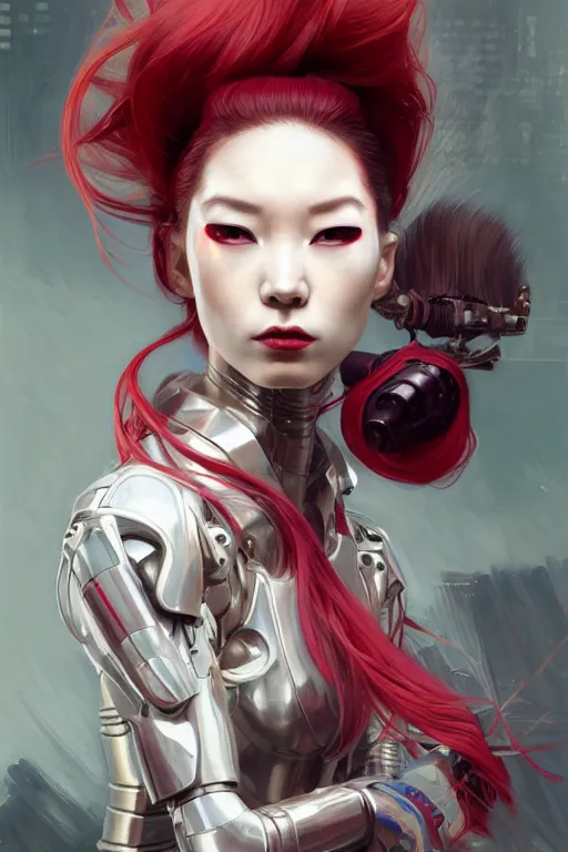 Image similar to > professional dynamtic portrait of female an agile geisha cyberpunk in a dynamic pose , armor elements , long red hair, beautiful bone structure, symmetrical facial features, intricate, elegant, digital painting, concept art, smooth, sharp focus, illustration, by Ruan Jia and Mandy Jurgens , and mucha, and Artgerm and William-Adolphe Bouguerea