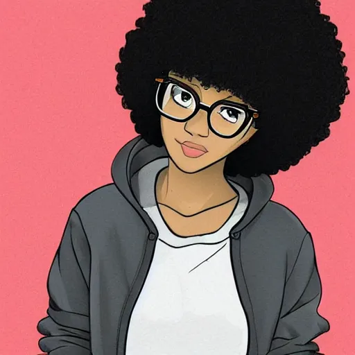 Prompt: a very beautiful girl with dark complexion, long, curly, afro hair, stylistic oval black eyes, half - frame square glasses, grey hoodie opened, white t - shirt, white gloves, denim jeans, character art, cute, digital art, cartoon network, cel shaded, character art