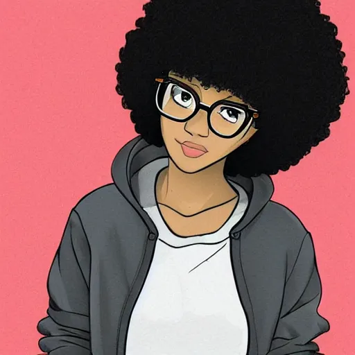 Illustration of a dark-skinned anime girl with glasses and curly hair