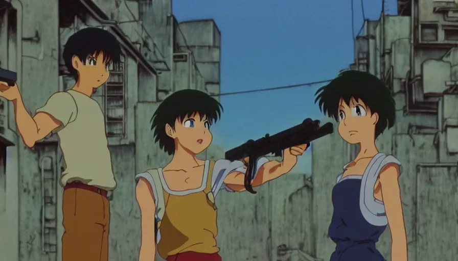 Prompt: 1 9 8 6 anime screencap of a couple with a gun on a rio de janeiro anime, by hayao miyazaki, studio ghibli, beautiful favela background extremely utra high quality artwork 8 k